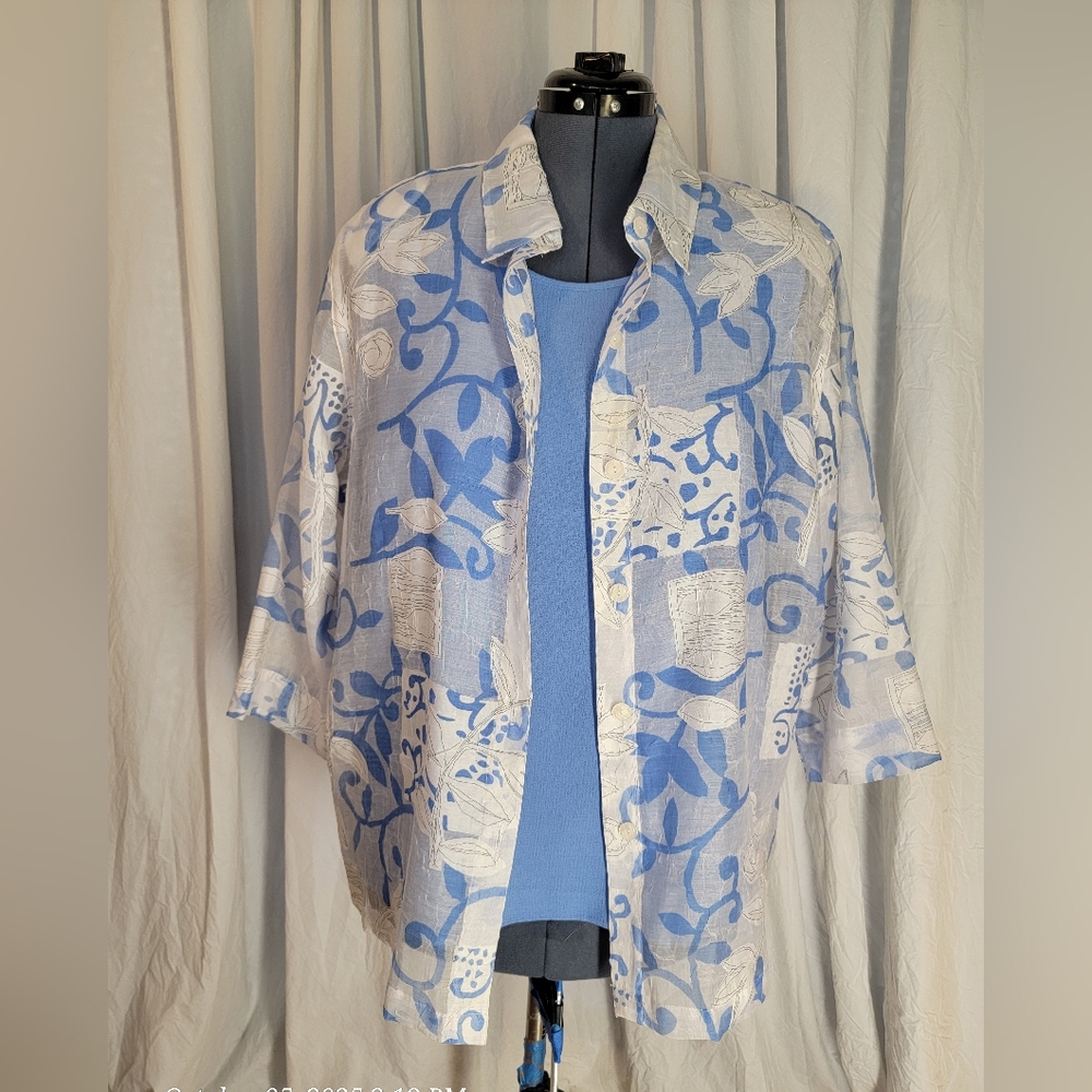 Sheer Blue and White Patterned Shirt with Solid Blue Tank Top Draper's & Damon's